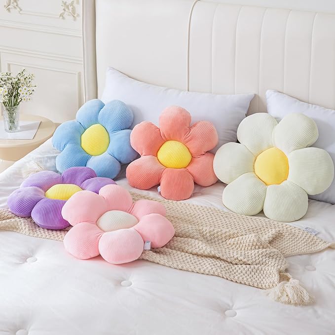 3Pcs Flower Pillow - Flower Shaped Throw Pillow Seating Cushion, Cute Daisy Flower Pillow Floor Pillows for Adults Kids Home Bedroom Sofa Chair Couch Decor (White/Green/Purple, 15.74 in+19.68 in)