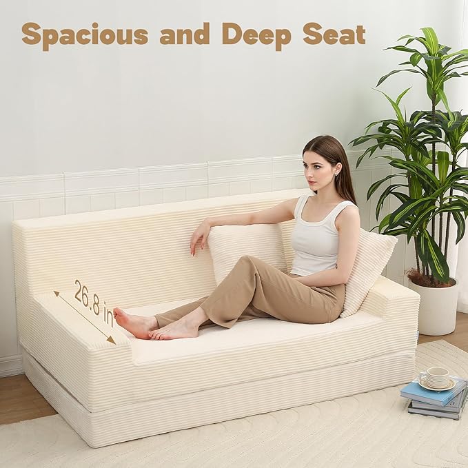 MeMoreCool Boneless Folding Queen Sofa Bed – Corduroy Convertible Futon Sleeper Couch with Foam Core & Pillow, Washable Cover, Space-Saving Floor Sofa for Living Room, Guest Bedroom, Apartment