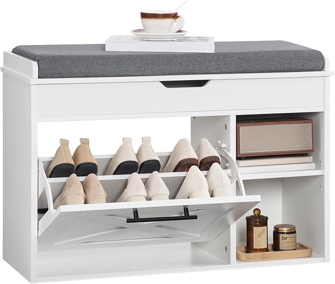 HOOBRO Shoe Storage Bench with Cushion, Modern Entryway Bench with Flip Drawer and Hidden Top Compartment, Shoe Cabinet with Seat and Adjustable Shelves for Hallway, 31.5" L, White and Gray, WG55HX01 - Image 9