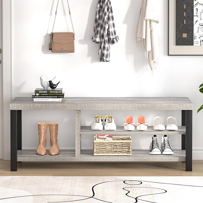 FOLUBAN Shoe Storage Bench, Rustic Wood Entryway Bench for Hallway Entrance, Vintage Indoor Bench with Shoe Storage and Seating for Bedroom Living Room, Light Grey, 47 Inch - Image 3