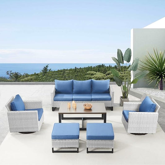 Belord 6 Piece Outdoor Furniture Patio Wicker Sofa Set, Oversize Outdoor Swivel Rocker Chairs with Rattan Ottomans, Conversation Sets Patio Furniture Come with Removable Washable