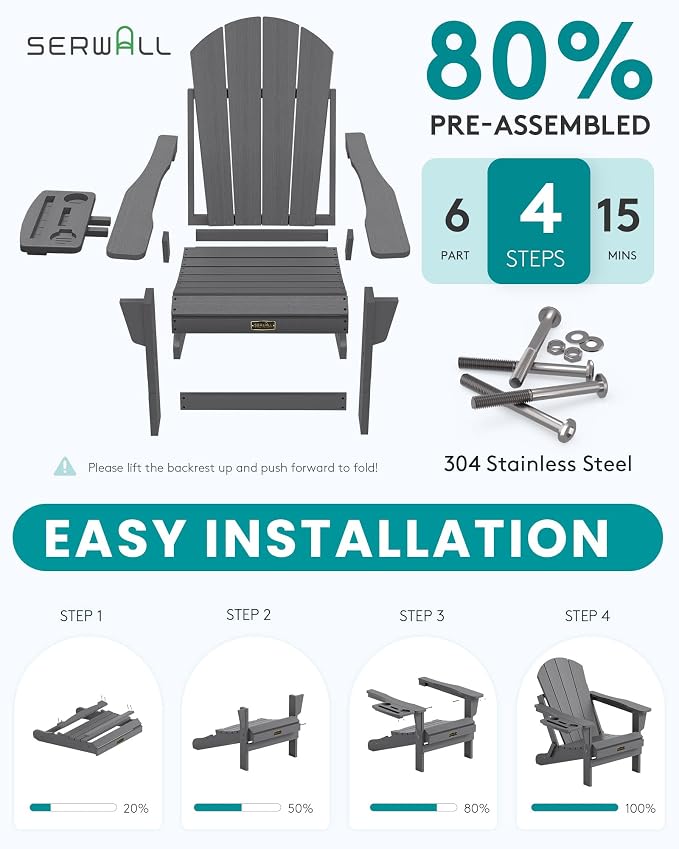 SERWALL Folding Adirondack Chair, Patio Adirondack Chairs with 4 in 1 Cup Holder, Weather Resistant Plastic Fire Pit Chair for Outdoor, Garden, Backyard, Deck - Blue - Image 3
