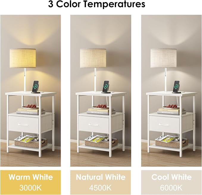 Fixwal Bedside Table with 3 Color Temperatures Bulb Attached, Nightstand with Charging Station and Lights, End Table with Fabric Drawer for Bedroom & Dorm (White) - Image 5