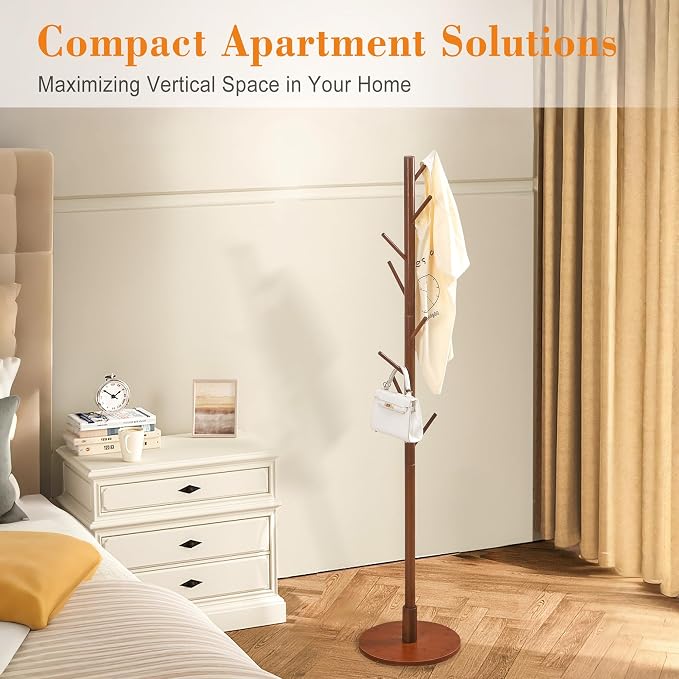 VECELO Coat Rack Freestanding, Entryway Hanger Stand, Umbrella Holder, Hall Tree With Hooks, Floor Standing Metal Tree Stand,Walnut - Image 10
