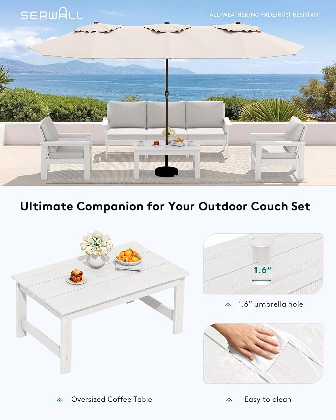 SERWALL HDPE Patio Coffee Table, Rectangle Outdoor Coffee Table, All-Weather Coffee Side Table for Balcony, Poolside, Deck, Garden, White - Image 7