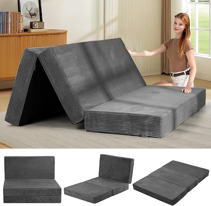 6-Inch Tri-Folding Mattress Queen Size - Foldable Futon Sofa Bed with Removable Washable Cover, Folding Futon Mattress | Non-Slip Bottom & Carry Handles for Guest, Camping, Dorm