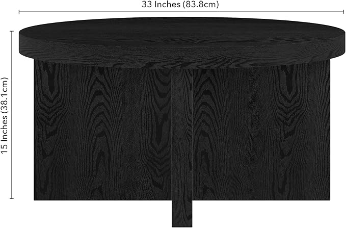 Henn&Hart 33" Round Pedestal Low-Profile Coffee Table for Living Room, Family Room, Office or Apartment, Black Grain