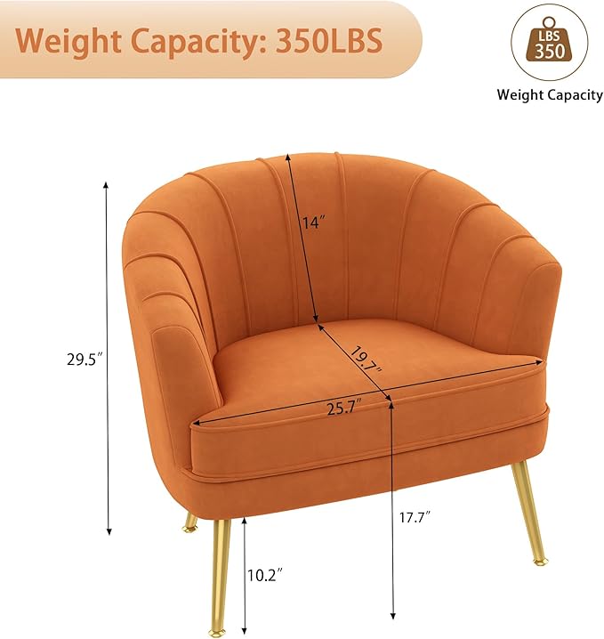 Andeworld Velvet Accent Chair Set of 2, Upholstered Modern Single Sofa Side Chair,Comfy Barrel Club Living Room Armchair with Golden Metal Legs for Bedroom Living Reading Room Office, Orange