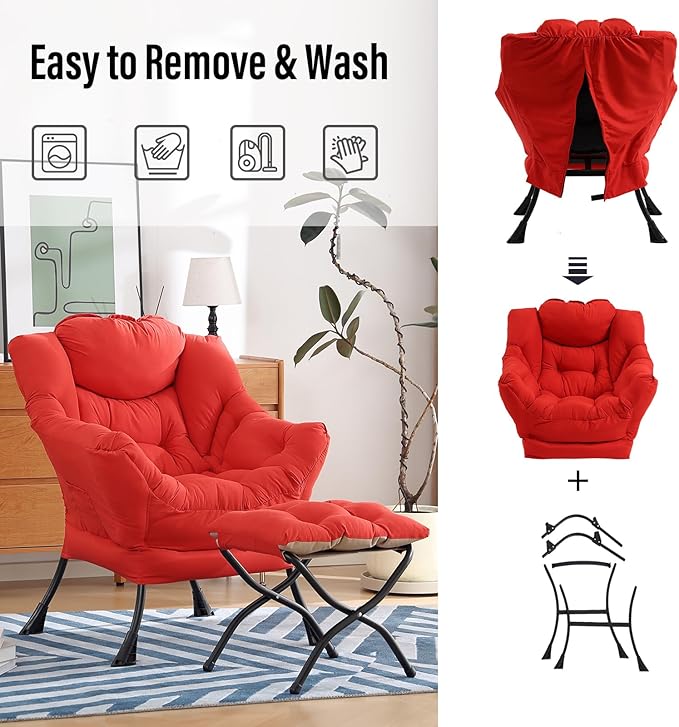 Furlide Lazy Chair with Ottoman, Modern Accent Chair with Armrests and a Side Pocket, Red Accent Chairs, Comfortable Reading Chairs, Oversized Armchairs for Bedroom, Study, Living Room, Courtyard