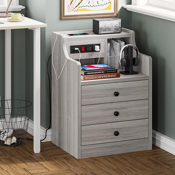 ADORNEVE Nightstand Set 2,Gray Nightstand with Charging Station & Hutch,Night Stands for Bedrooms Set of 2,Bedside Table with Drawers - Image 6