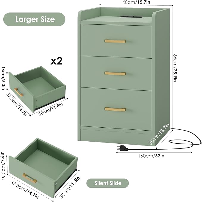 FOTOSOK Nightstands Set of 2 with Charging Station, 3 Drawer Nightstand with Gold Handles, Green Nightstand for Bedroom, Modern Design End Side Table for Home, Office - Image 3