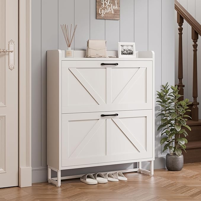 MU Shoe Storage Cabinet for Entryway, Hidden Shoe Cabinet with 2 Flip Drawers, Narrow Shoe Organizer Shoe Rack Cabinet with Metal Legs, White - Image 3