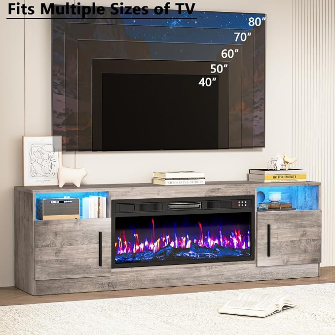 PRETZI Fireplace TV Stand with 36" Fireplace Up to 80" TVs, 70" Entertainment Center with LED Lights, Remote Control, TV Media Console with Storage Cabinets for Living Room, Gray - Image 7