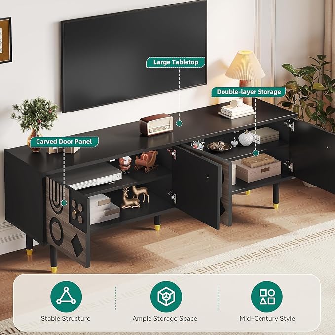 YITAHOME Mid Century Modern TV Stand for up to 80 Inch TV, 70" TV Entertainment Center with Storage, Media Console with 4 Door Cabinets for Living Room, Black - Image 4
