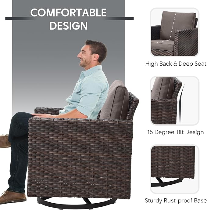 4 Piece Wicker Patio Furniture with Fire Pit Table - Outdoor Conversation Set with 50,000 BTU Fire Pit, All Weather Rattan Patio Set for Deck Backyard Garden - Brown Wicker Grey Cushion