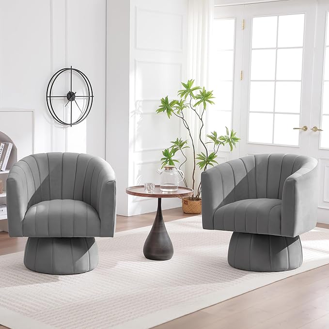Swivel Accent Barrel Chair, Cute Comfy Small Round 360° Arm Chair. Velvet Sofa Club Reading Chair for Living Room Bedroom Office Grey