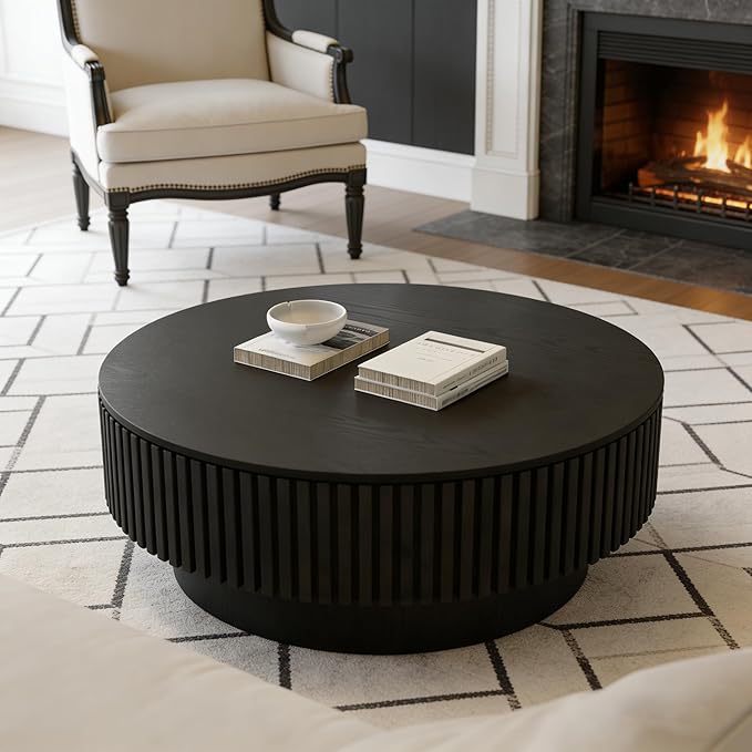 Round Coffee Table with Storage, Modern Fluted Wood Coffee Tables with Sturdy Base, 31.5" Drum Circle Center Tea Table for Living Room Apartment, Easy Assemble - Black