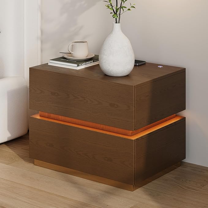 homary Smart Nightstand with Wireless Charging Station, USB & Type-C Ports, LED Light, 2 Drawers – Modern Walnut Bedside Table for Bedroom Storage - Image 9