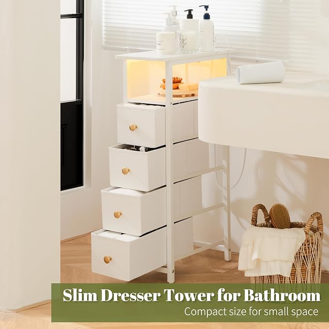 Yoobure LED Narrow Nightstand with Charging Station - Slim Dresser for Bedroom Narrow Side Table Storage Cabinet, Small Dressers Chest of Drawers, Tall Night Stand End Table for Small Spaces, White - Image 9