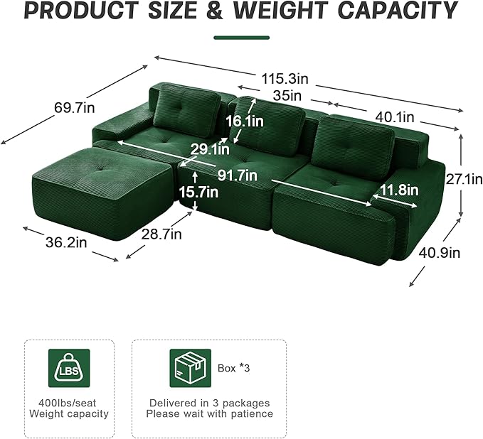 Casaphoria 115'' Boneless Sofa with Ottoman, 3-Seater Modular Couch with 3 Pillows for Living Room, L Shape Cloud Sectional Sofa, No Assembly, Green