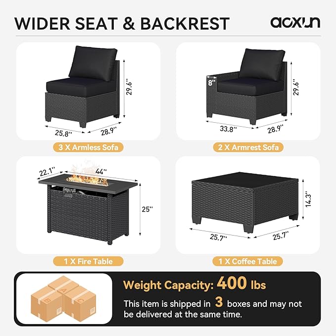 Aoxun Outdoor Patio Furniture Set with 44'' Fire Pit Table, 7 Pcs Outdoor Patio Furniture Sets with 4in Thicken Cushion, Widen Armrests Wicker Outdoor Sectional for Backyard (Waterproof Cover Include)