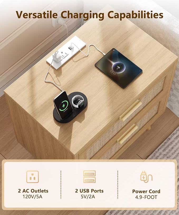 Keehusux 23.6" W Rattan Nightstand with Charging Station, Large Bedside Table with 2 Drawers, Wooden End Table with Solid Wood Legs, Boho Night Stand for Bedroom, Natural Oak KES009MECTG - Image 6