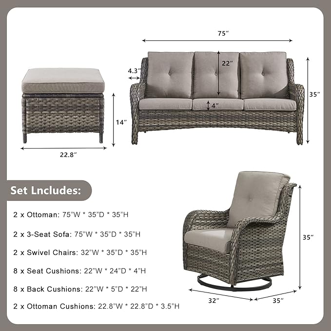Rilyson Wicker Patio Furniture Set - 6 Piece Rattan Outdoor Sectional Conversation Sets with 2 Rocking Swivel Chairs,2 Ottomans and 2 Sofa for Porch Deck Garden(Mixed Grey/Grey)