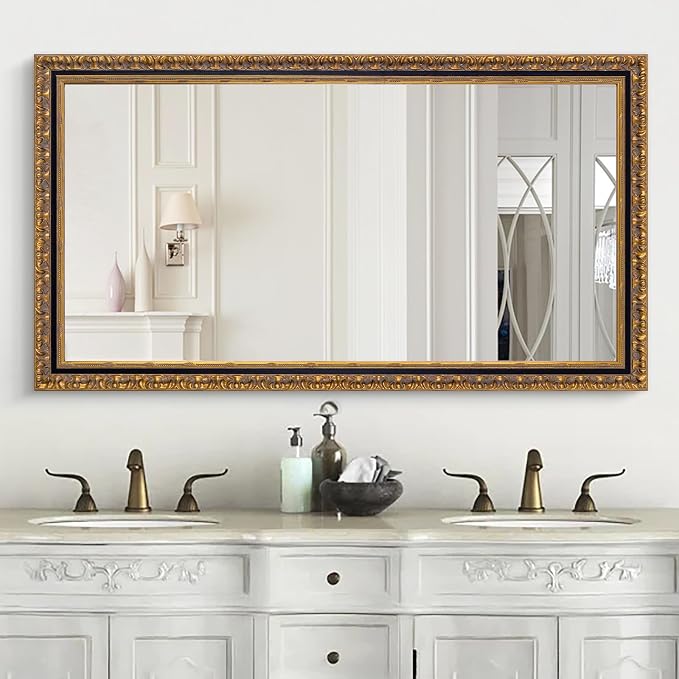 Chende Vintage Wall Mirrors for Decor, 47''x24'' Black and Gold Narrow Mirror for Bathroom with Antique Pattern Carving Wooden Frame, Rectangle Ornate Decor for Living Room, Entryway, Dining Room by ChendeMirror