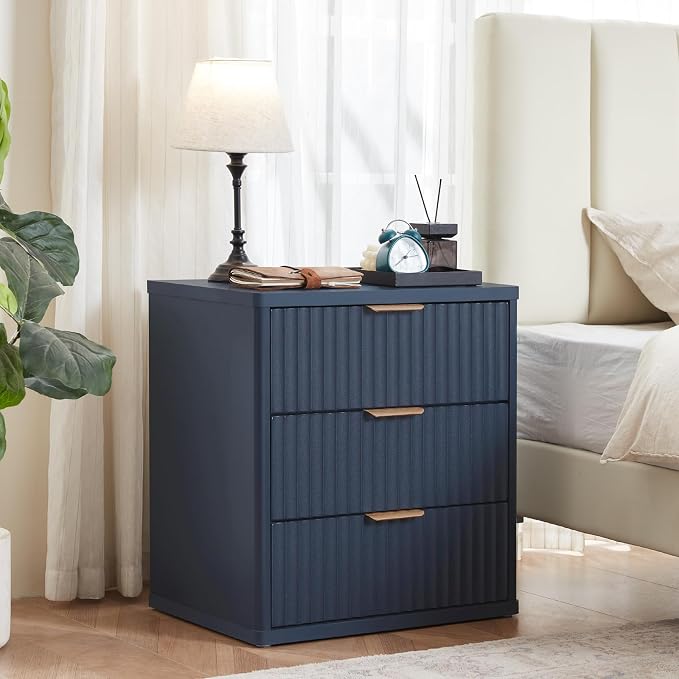 LEYAOYAO 23" Wide Fluted Farmhouse Night Stand Set of 2 with Charging Station, 3 Drawers Large End Table w/Metal Handle,Nightstand Bedside Table,Wood Dresser for Bedroom, Closet,Blue - Image 4