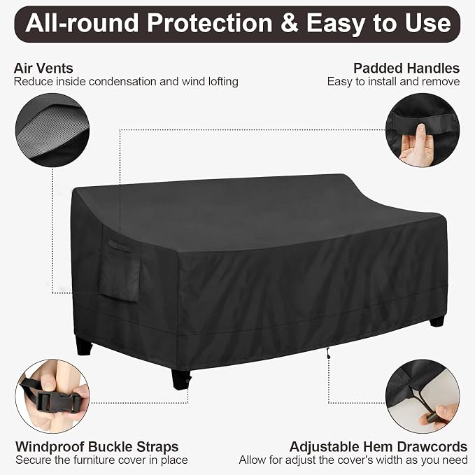 PureFit Outdoor Couch Cover Waterproof Patio Sofa Furniture Covers, 3-Seater Outdoor Cover with Air Vent and Handles, 78W x 35D x 35H Inches, Black - Image 5