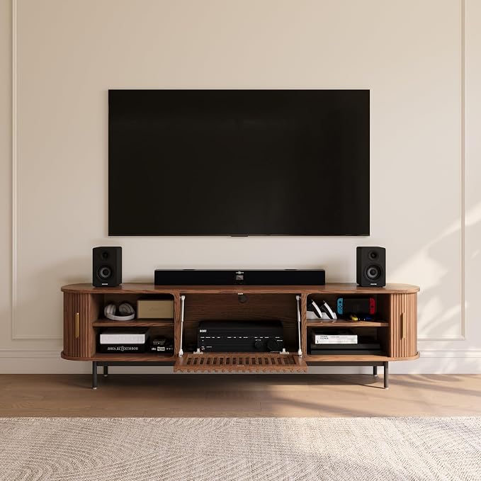 POVISON Fully-Assembled Mid Century Modern TV Stand for 75 inch TV, Sliding Door Entertainment Center with Storage, Wood TV Console, Media Console for Living Room Bedroom(Walnut, 78.74") - Image 2