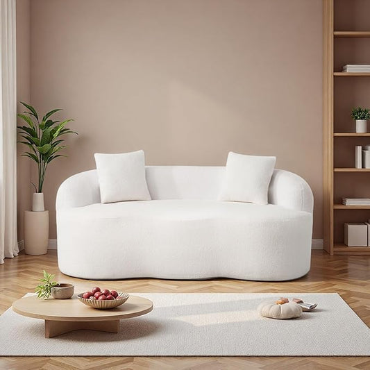 Curved Compression Sofa, Modern Loveseat Couch with Rounded Armrests & 2 Coordinating Pillows, 67'' Polyester 2 Seater Sofa for Small Living Room, Bedroom and Offices, No Assembly, White
