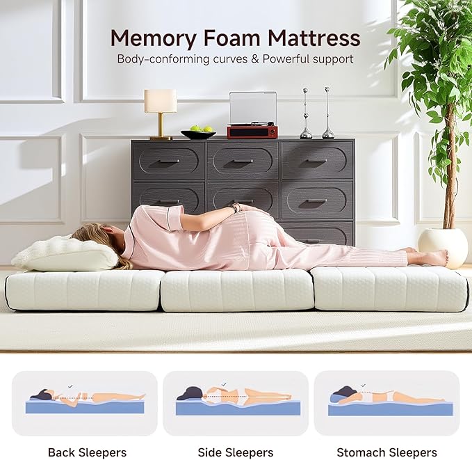 ROXGOX Foldable Mattress, Queen Tri-Fold Memory Foam Mattress Topper with Washable Cover, Handle & Non-Slip Bottom, 6 Inch Portable Folding Bed for Guest, Yoga, Living Room, Camping - 80"x76"x6"
