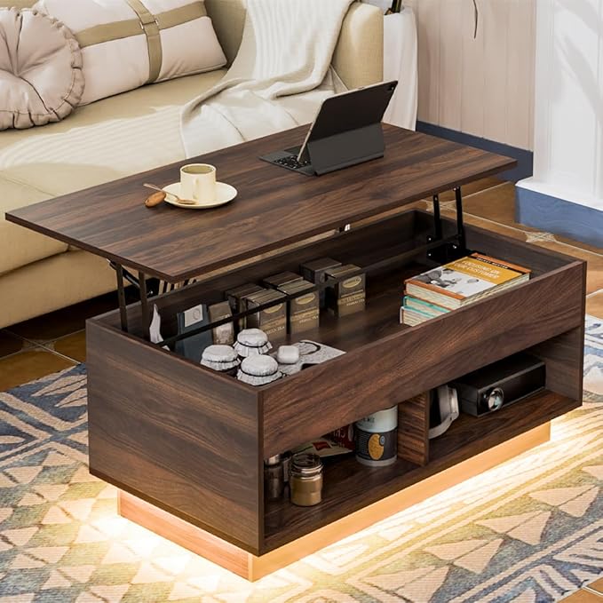 HOMMPA Lift Top Coffee Table with LED Light, Modern Center Table for Living Room, 3 Tiers Tea Table with Storage,Small Apartment Furniture with Hidden Compartment & 2 Open Shelves, Walnut