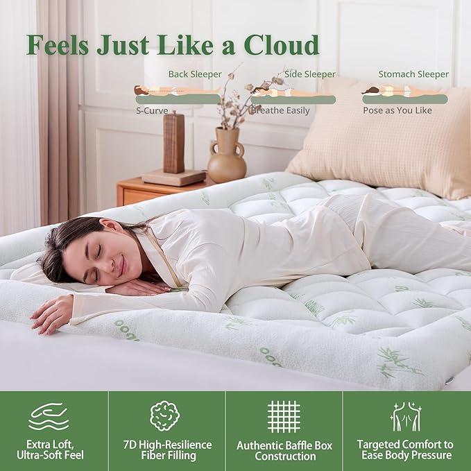 King Mattress Topper, Viscose Derived from Bamboo Thick Pillow Top Mattress Pad with Deep Pocket, Naturally Cooling for Hot Sleepers, Soft for Back Pain Relief, Green
