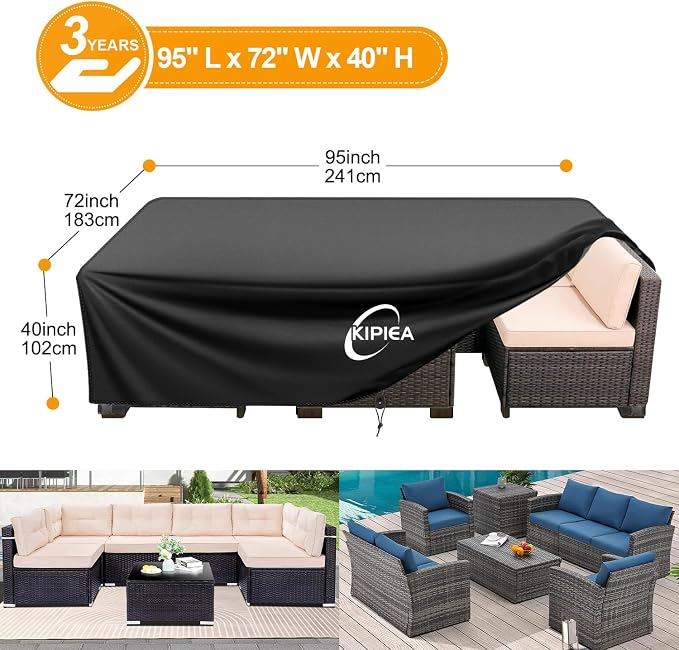 Kipiea Outdoor Furniture Covers Waterproof, 420D Heavy-Duty Patio Furniture Set Covers, No Tears Anti UV No Fading (95" L x 72" W x 40" H) - Image 2