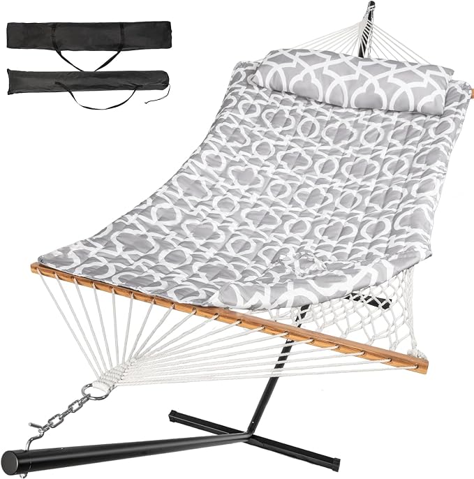 Everyfun 2 Person Outdoor Hammock with Stand, Cotton Rope Hammock with Polyester Pad, Adjustable Steel Frame, Portable with Carrying Bag – for Patio, Backyard, Garden, Beach, Cloud-Gray by Unknown