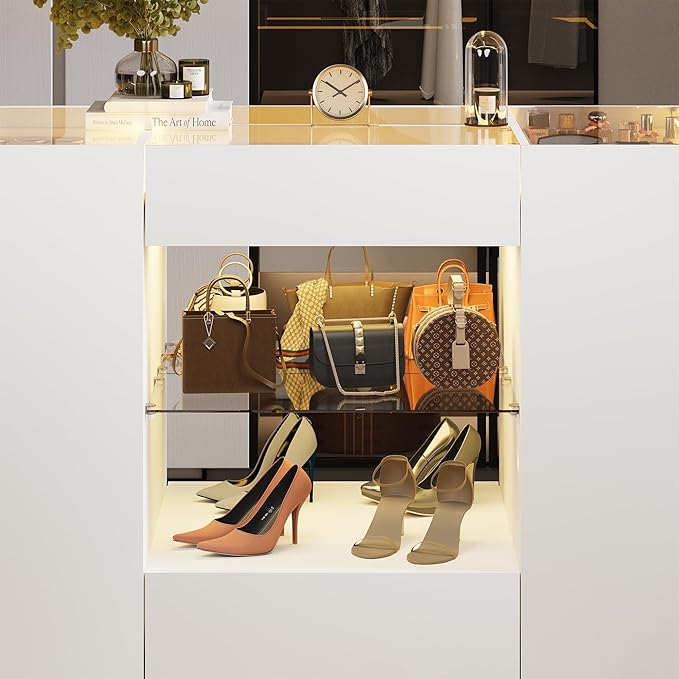 Kikihouse Modern Closet Island with 10 Drawers, LED Wardrobe Armoire Island with Glass Top, Luxury Walk-in Closet Island Storage Cabinet with Display Shelf for Cloakroom, Dressing Room (White)