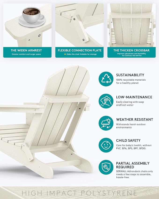 SERWALL Folding Adirondack Chair Set of 6 - Folding Adirondack Chairs with Cup Holder, HIPS Outdoor Chairs Weather Resistant Fire Pit Chairs- White - Image 5