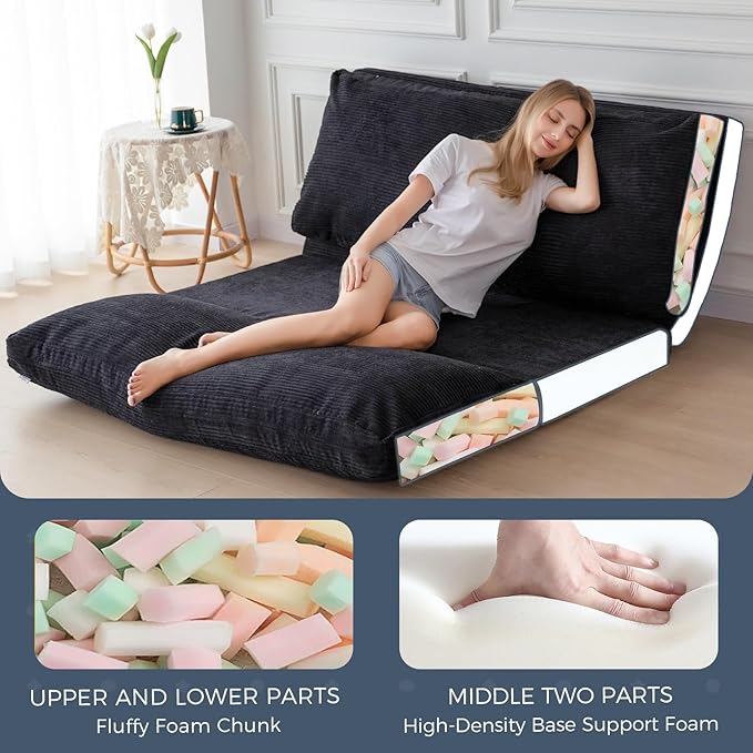 MAXYOYO Folding Sofa Bed, Extra Thick and Long Floor Sofa Convertible Sleeper Chair with Washable Cover, Floor Couch Lounge Bean Bag Bed for Living Room, Black, 54x95 Inch