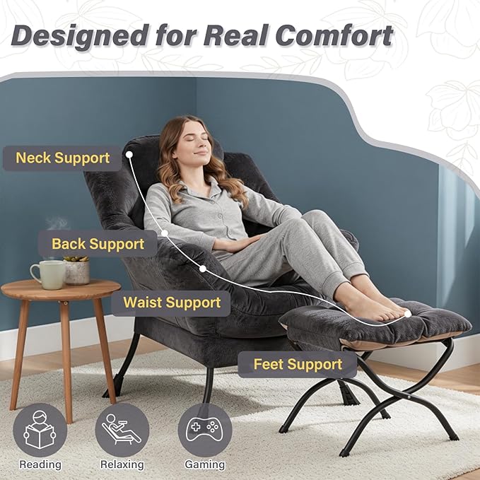 Plush Lazy Chair and Ottoman, Large Dark Grey Contemporary Accent Chair with Side Pocket, Modern Leisure Upholstered Reading Armchair with Footrest for Office, Bedroom, Living Room, Balcony