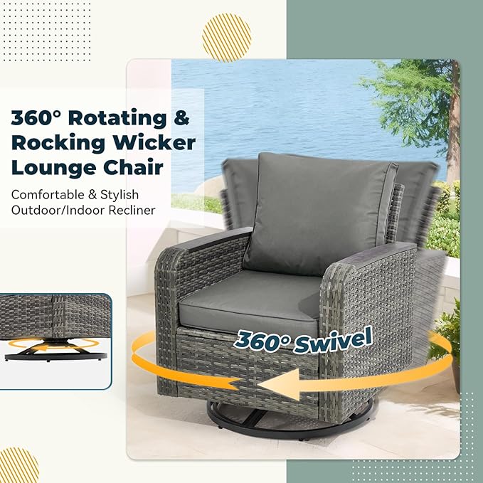 7 Pieces Outdoor Patio Furniture Set with Swivel Chairs, Outdoor Conversation Wicker Patio Furniture for Porch Deck Bistro Lawn Garden Backyard Poolside-Grey