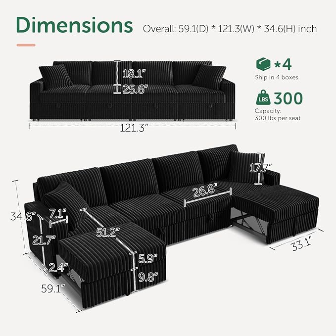 HONBAY 121.3 Inch Modular Sectional Sofa, L & U Shaped Pull Out Couch with Adjustable Backrest & Storage, Velvet Black