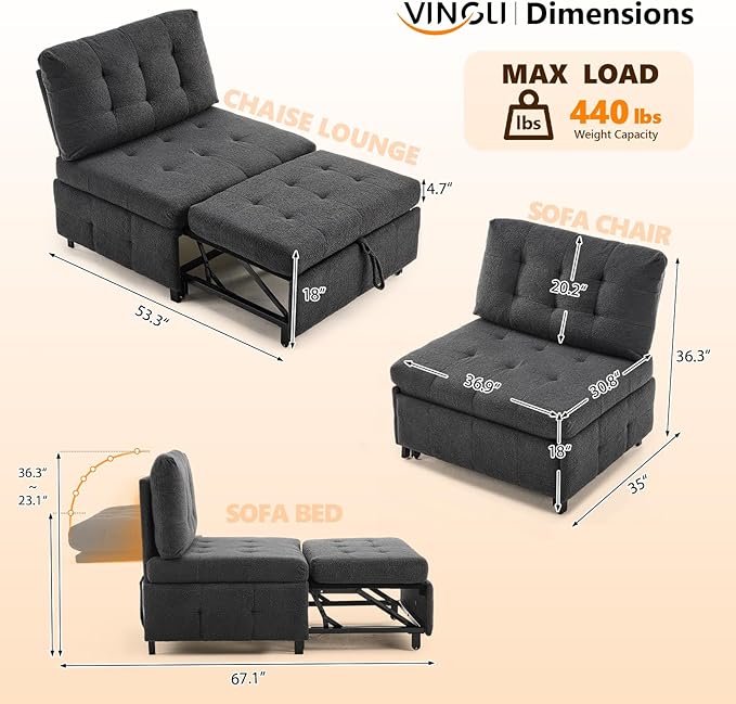 VINGLI Convertible Sofa Bed Tufted Teddy Fleece Sleeper Chair Bed Couch Armless Living Room Chairs with Adjustable Backrest Pull Out Couch Bed for Small Spaces | Armless Sofa Bed