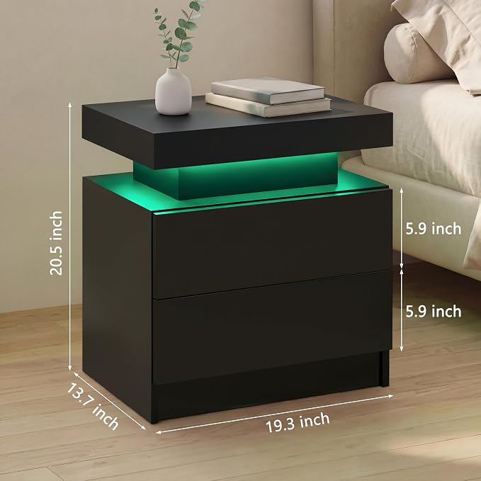 i-aplus Nightstand Set of 2 LED Nightstand with 2 Drawers, Bedside Table with Drawers for Bedroom, Side Bed Table with LED Light, Black - Image 2