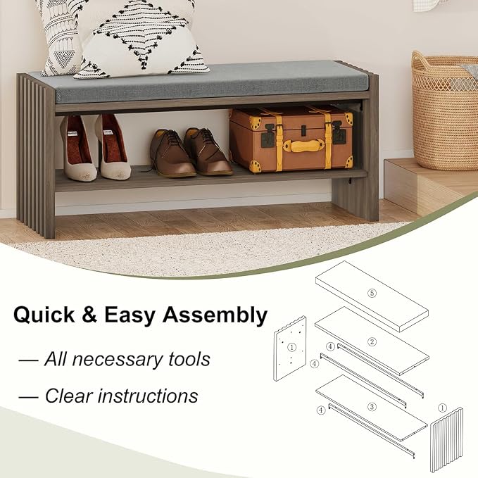 BON AUGURE Shoe Storage Bench Bedroom, Entryway Bench with Cushion, Ottoman Benches for Living Room Hallway Entry (Greige Oak, 40 Inch Wide) - Image 5