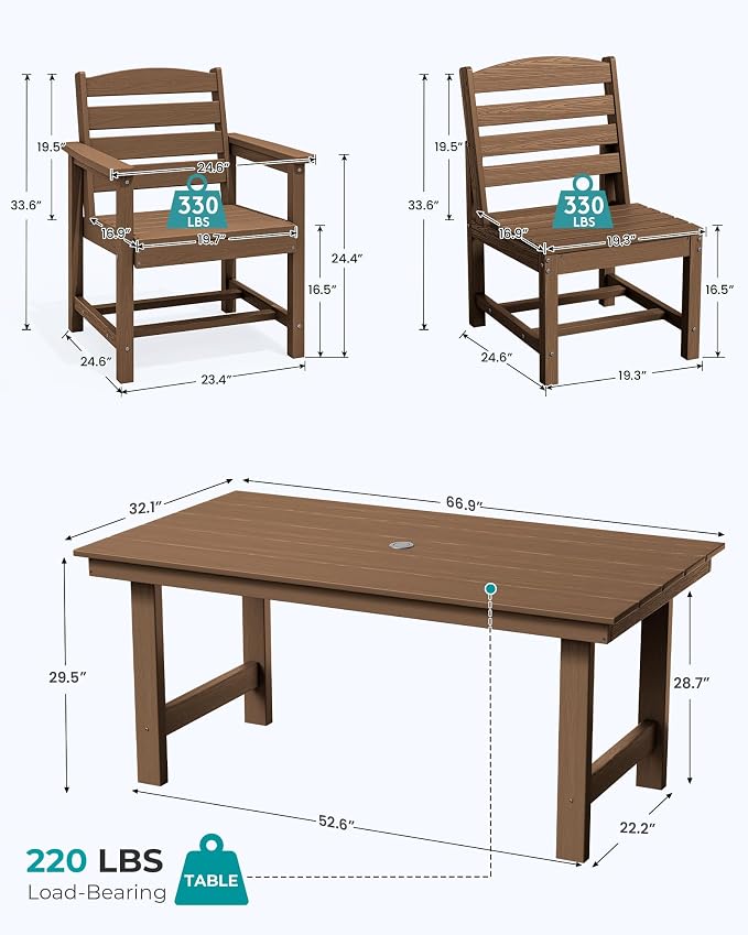 SERWALL Patio Dining Sets for 6 Person, HDPE Dining Set with 6 Armless Chairs, Brown - Image 2