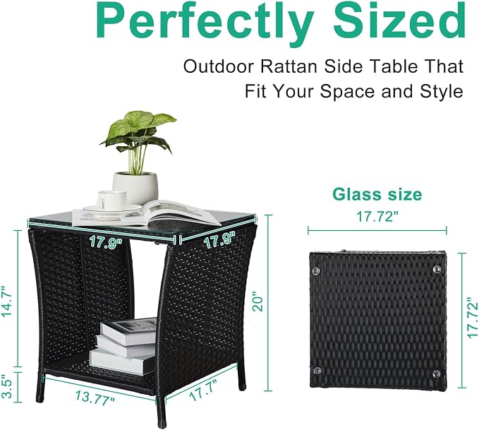 VINGLI Outdoor Wicker Side Table Patio Side Tables for Outside, Tempered Glass Top Wicker Table with Storage End Table for Balcony Porch Deck (Black) - Image 3