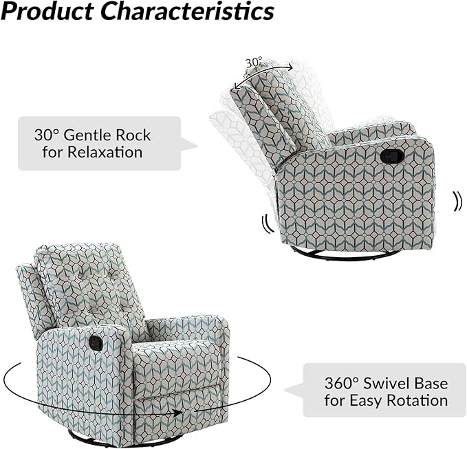 HULALA Home Recliner Chair Set of 2, Modern Printed Fabric for Living Room, Rocker Recliner Sofa Comfy Armchair 360 Degree Swivel, Nursery Rocking Chairs with Adjustable Backrest & Footrest/Ivory