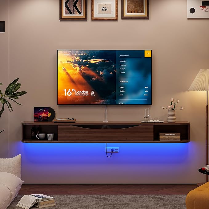 FurniNova Floating TV Stand,55'' Wall Mounted TV Cabinet,Floating TV Console,Under TV Shelf with 1 Door and 2 Cabinets for TVs up to 65''(Walnut) - Image 4